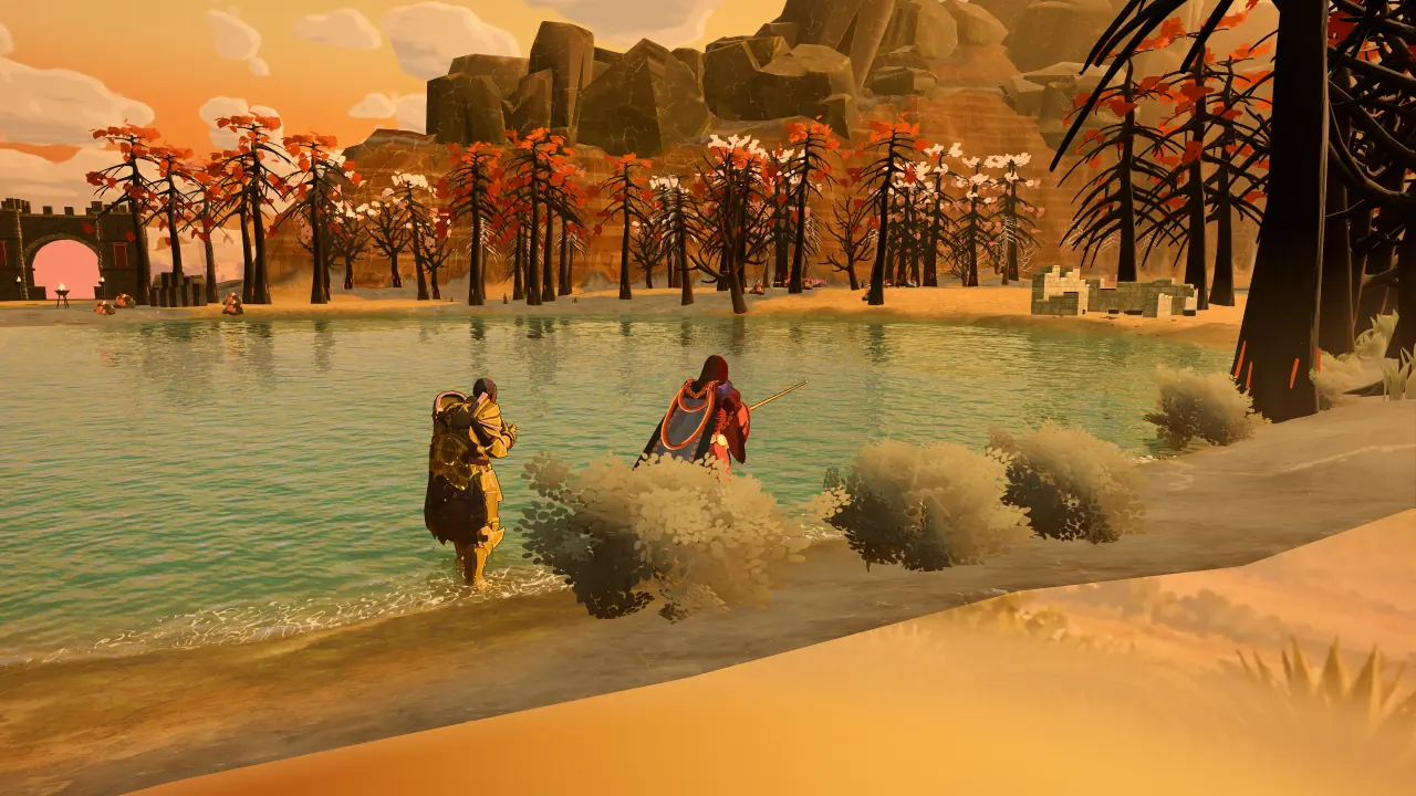 Players beside a river, with autumn trees and rocky mountains beyond.